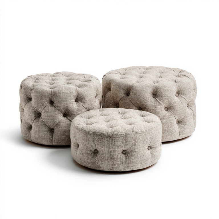 Reposapiés redondo de tela acolchado, conjunto de tres piezas, taburete de sofá, taburete redondo suave, combinación