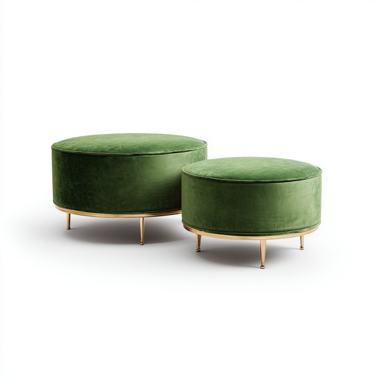 Conjunto de dos taburetes redondos de tela de terciopelo y metal verde.