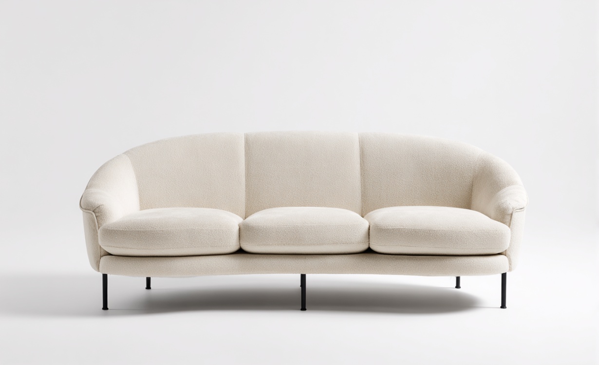 Sofá de tres plazas beige claro, moderno, minimalista, diseño curvo, muebles de sala de estar