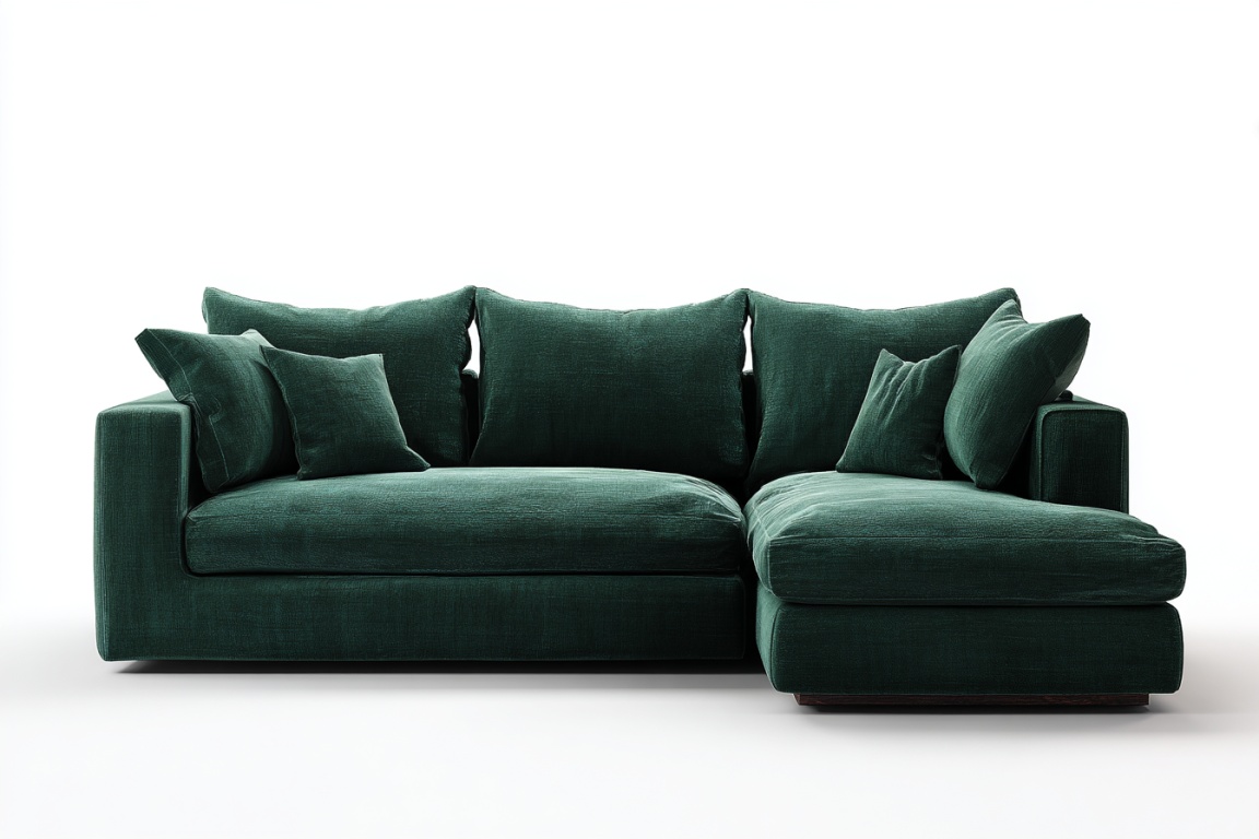Combinación de sofá esquinero de tres plazas con chaise longue derecha en tejido de ante verde oscuro