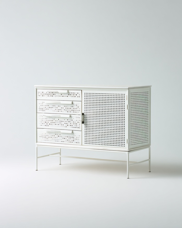 Aparador hueco de metal blanco con cuatro cajones y mueble de almacenaje de una puerta