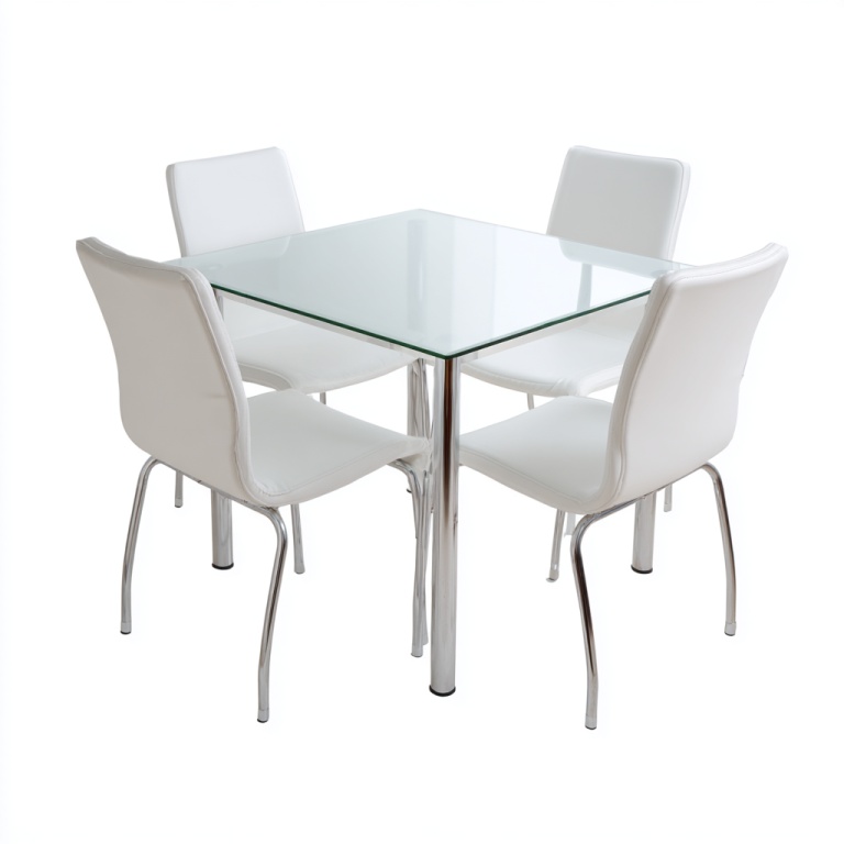 Juego de mesa y sillas de comedor moderno con mesa cuadrada de vidrio y 4 sillas blancas.