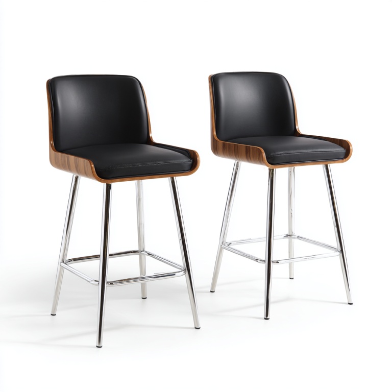 Taburete alto de bar de dos piezas de metal con cojín de cuero negro y diseño de carcasa trasera con veta de madera curvada