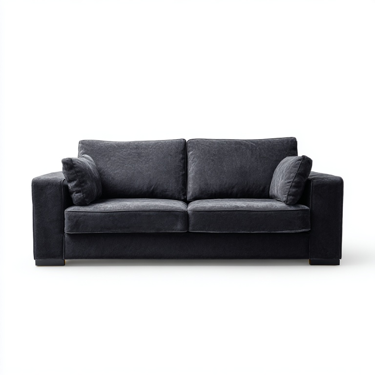 Sofá recto de tres plazas de tela negra para salón de estilo minimalista moderno