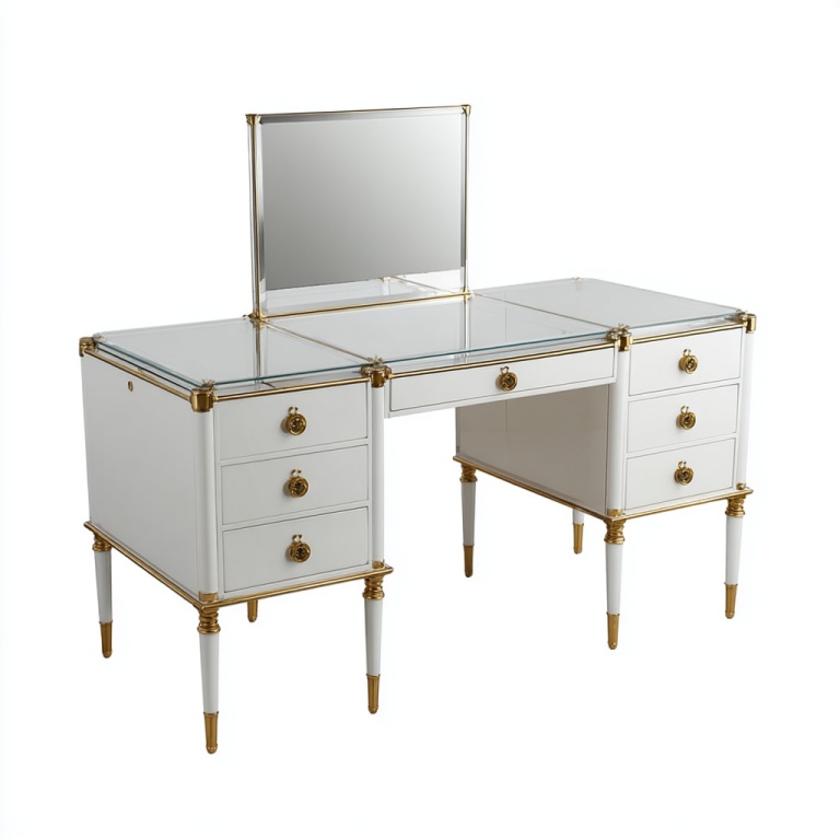 Tocador de cristal estilo europeo con cajones, acabado espejo, color platino