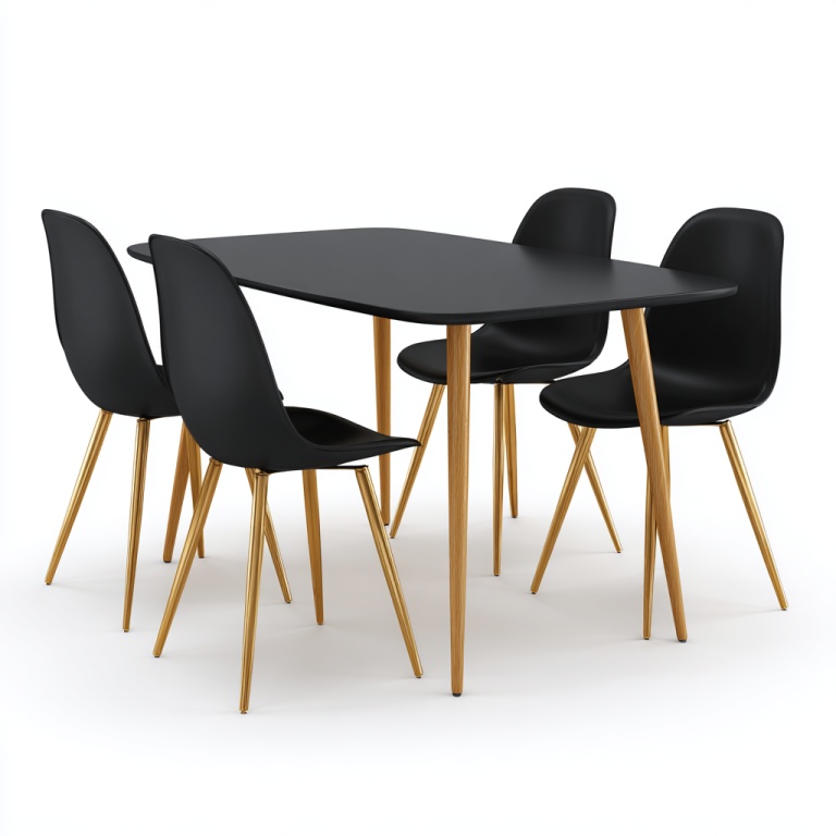 Conjunto de comedor moderno de cuatro plazas en negro mate con mesa y sillas de estilo minimalista