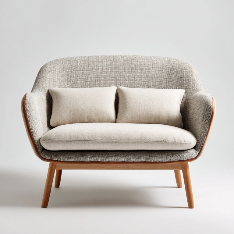 Sofá doble de tela con patas de madera para salón pequeño