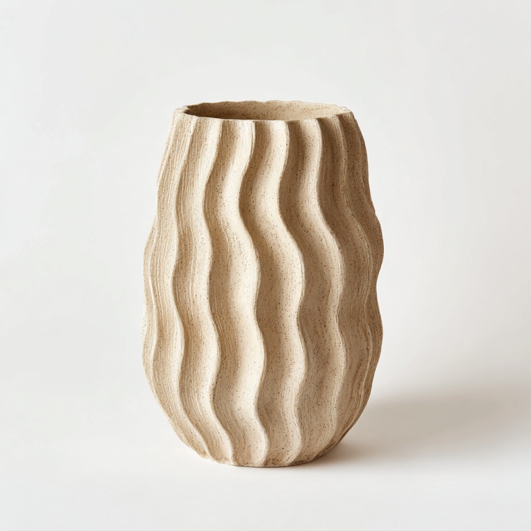 Jarrón de cerámica corrugada vintage beige, decoración para el hogar.