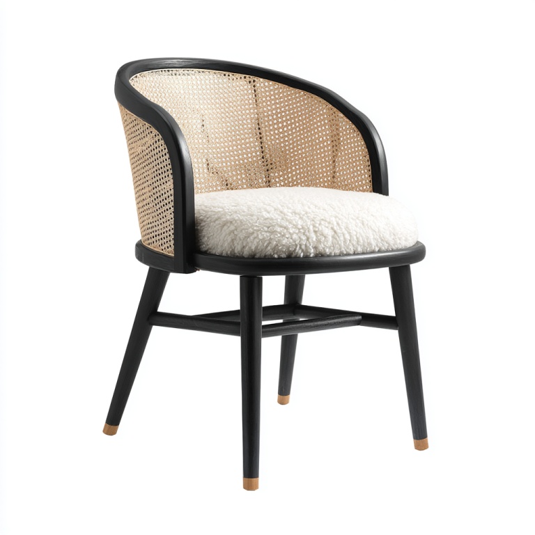 Silla de comedor negra con respaldo de ratán y cojín de piel de cordero