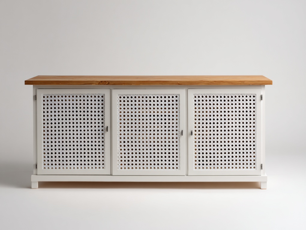 Aparador de tres puertas con puerta hueca blanca, armario de almacenamiento original de madera color encimera