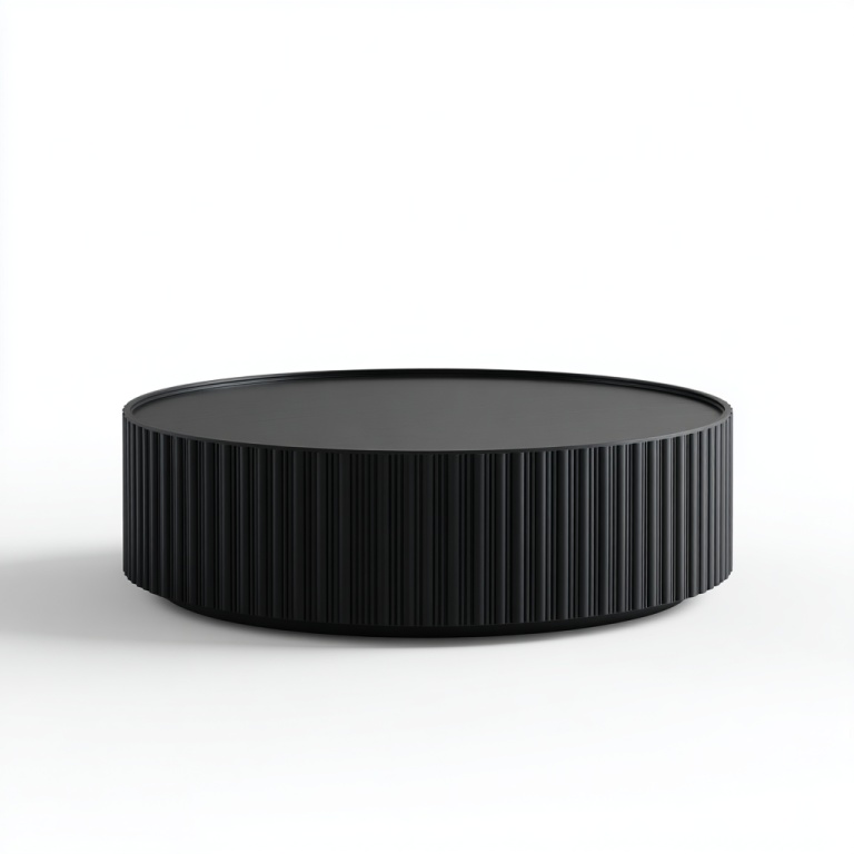 Mesa de centro redonda negra con diseño de patrón vertical tridimensional, mesa baja para sala de estar.