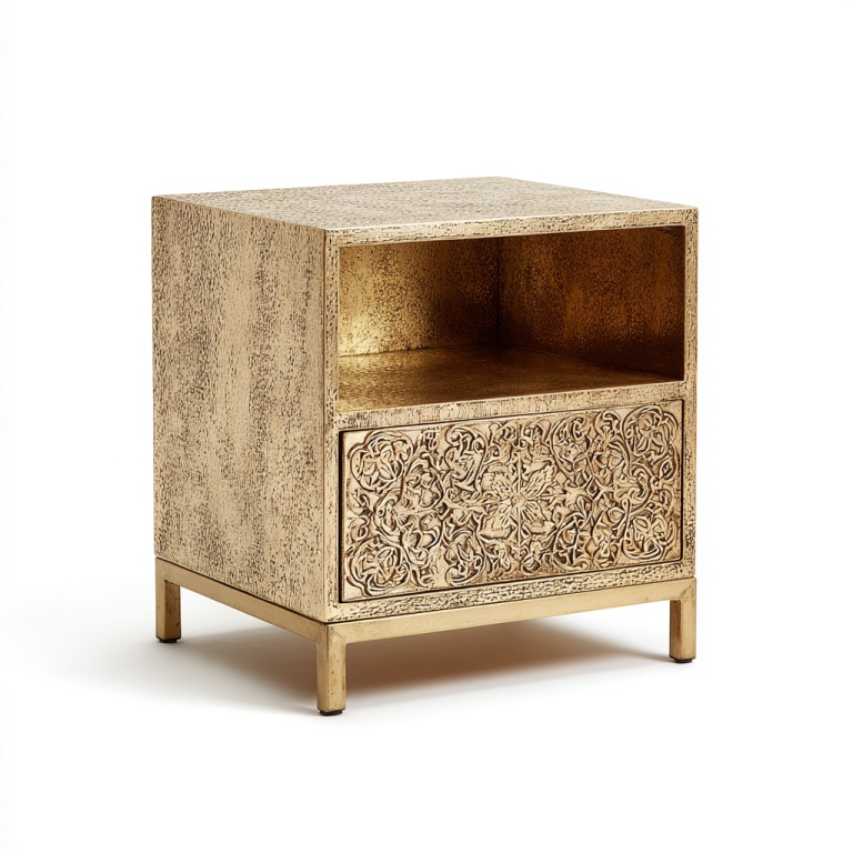 Mesita de noche de estilo tallado en metal con un solo cajón y compartimento abierto.