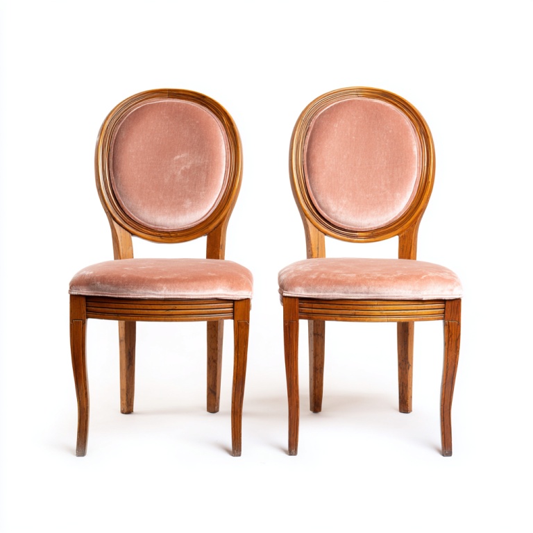 Juego de dos sillas de comedor de tela de madera maciza con respaldo ovalado retro