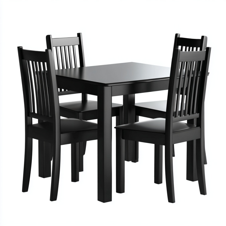 Juego de comedor de madera maciza negra para 4 personas con mesa de comedor y sillas de respaldo recto
