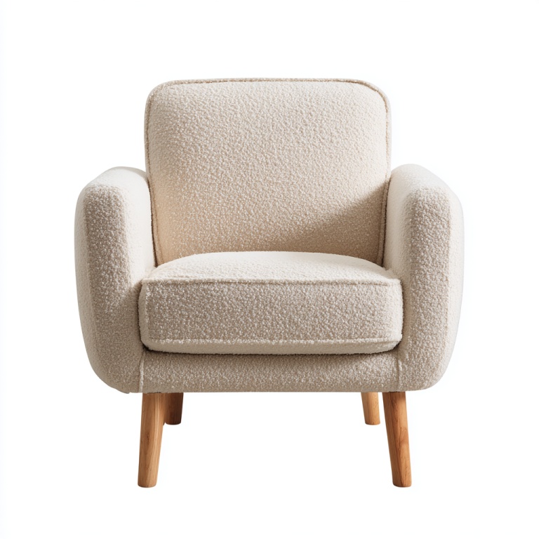 Sillón individual de piel de cordero color crema con tejido sencillo.