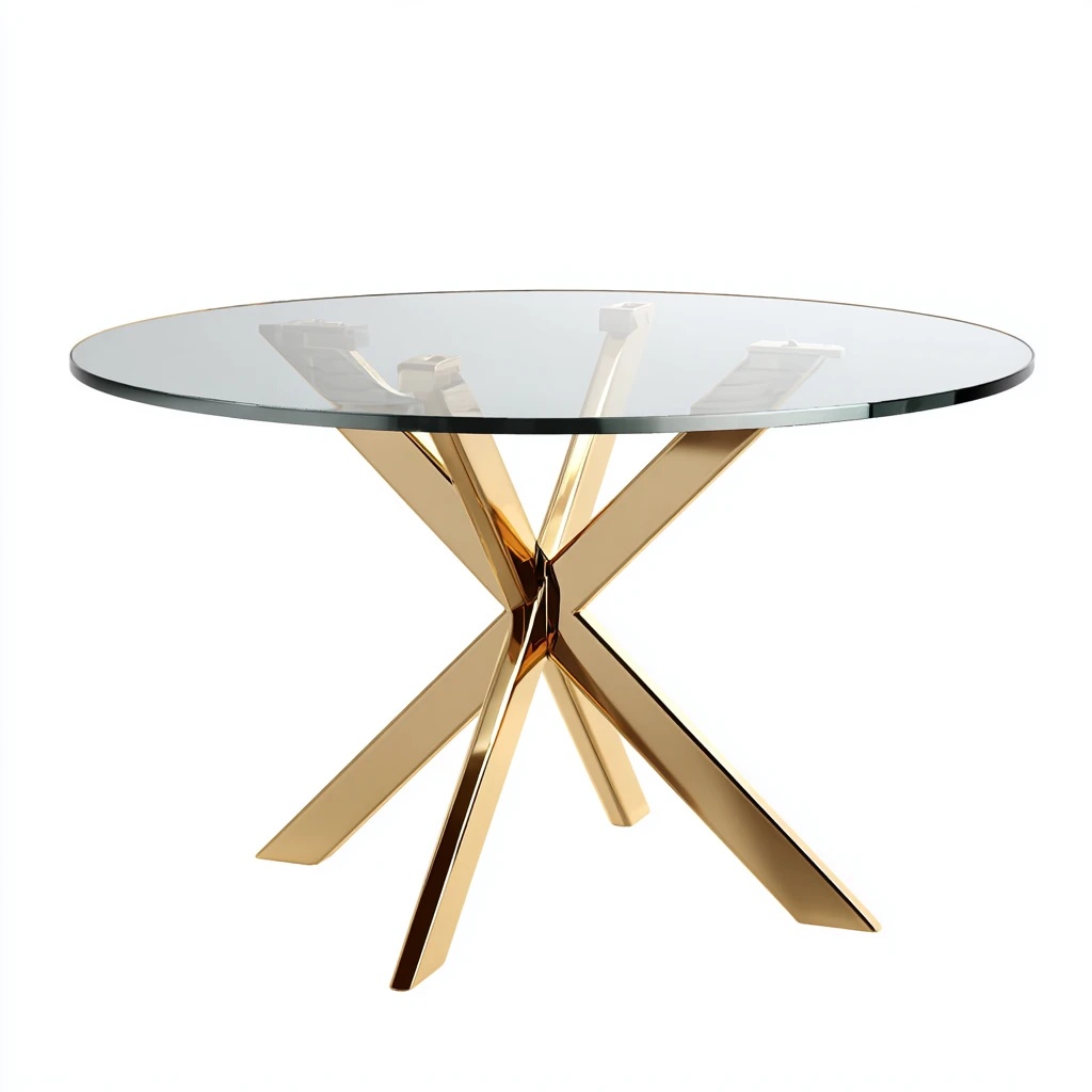 Mesa redonda de cristal con base de acero inoxidable dorado - diseño moderno