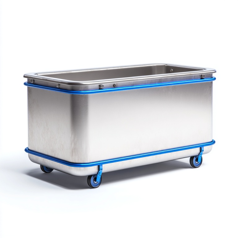 Carro de almacenamiento industrial de acero inoxidable con marco anticolisión azul y ruedas silenciosas