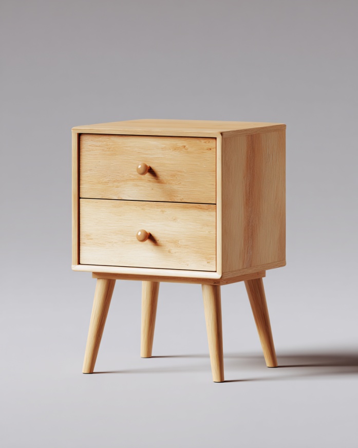 Mesita de noche de doble cajón en color madera natural, diseño de estilo nórdico.