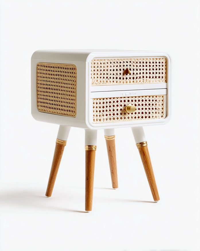 Mesita de noche moderna retro de ratán con dos cajones y patas de madera blanca.