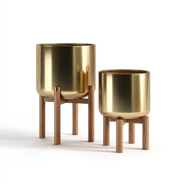 Juego de dos maceteros de metal dorado con base de madera