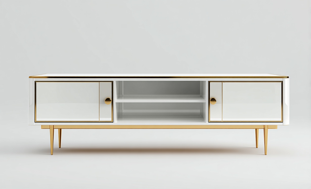 Mueble de TV de estilo moderno con color platino y almacenamiento multifuncional.