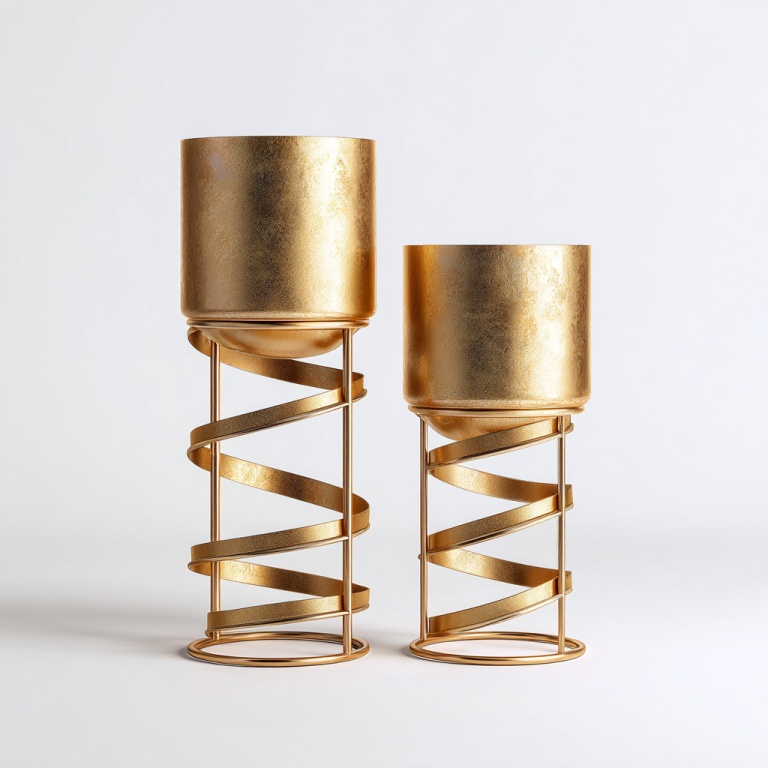 Soporte para maceta de dos piezas con base en espiral de metal dorado