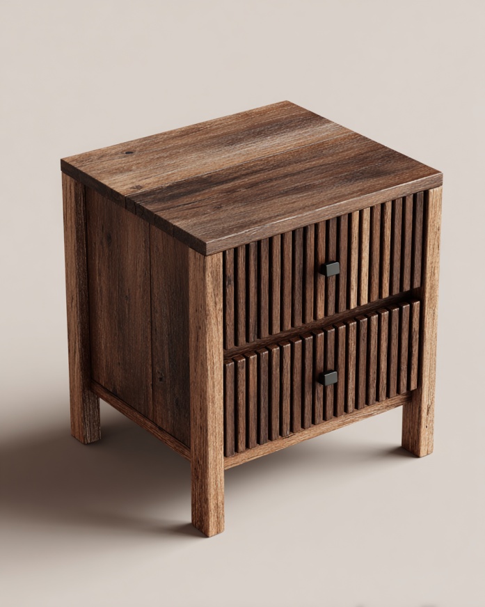 Mesita de noche de madera oscura a rayas con diseño de almacenamiento de doble cajón