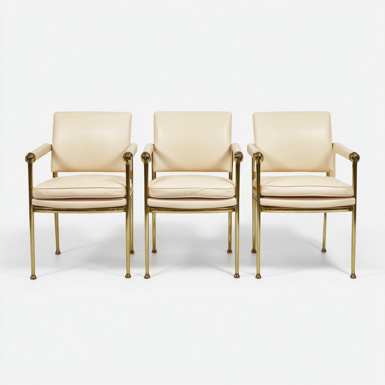 Conjunto de tres sillas de comedor modernas de color beige claro con reposabrazos tapizadas en cuero y estructura de metal.