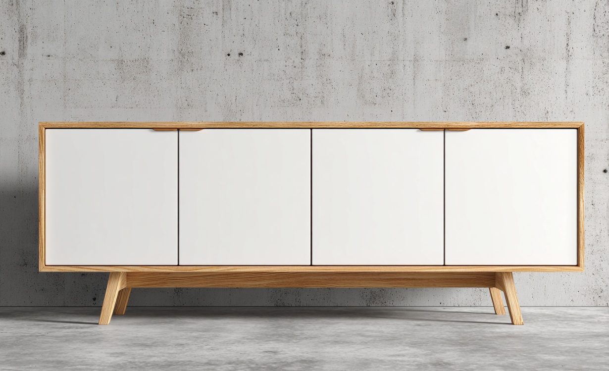 Mueble de TV de cuatro puertas de estilo nórdico, combinación de colores blanco y madera, mueble bajo sencillo