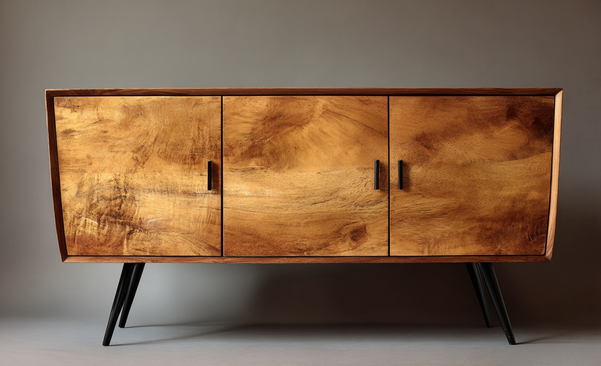 Aparador retro moderno de madera maciza, armario de almacenamiento con patas de metal y tres puertas.