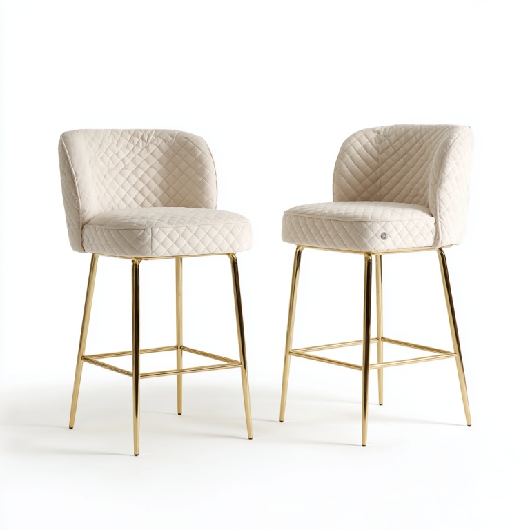 Juego de dos taburetes de bar de ante acolchado color crema con detalles de metal dorado