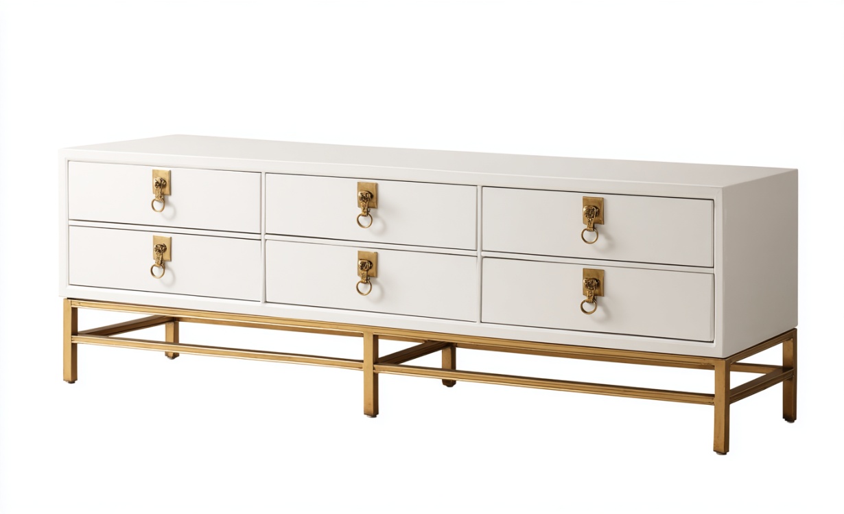 Mueble de TV con cajones de estilo chino, blanco, con seis cajones, con base de metal