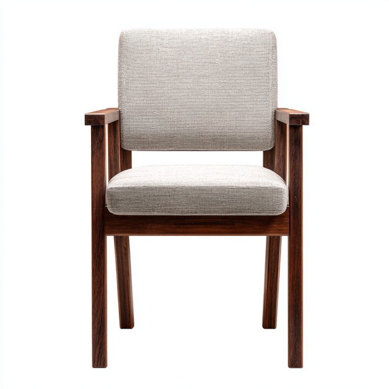 Silla de comedor con reposabrazos de madera maciza y diseño de respaldo tapizado en tela.