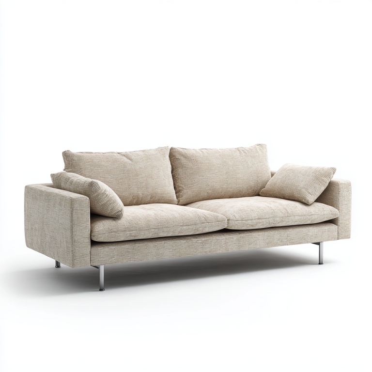 Sofá de tela de tres plazas en color beige claro, estilo sencillo, con respaldo suave, muebles para sala de estar.