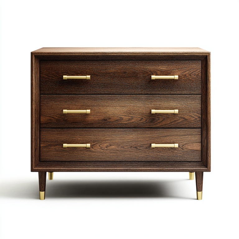 Aparador de madera oscura con tres cajones, tiradores de metal y armario alto de almacenamiento.