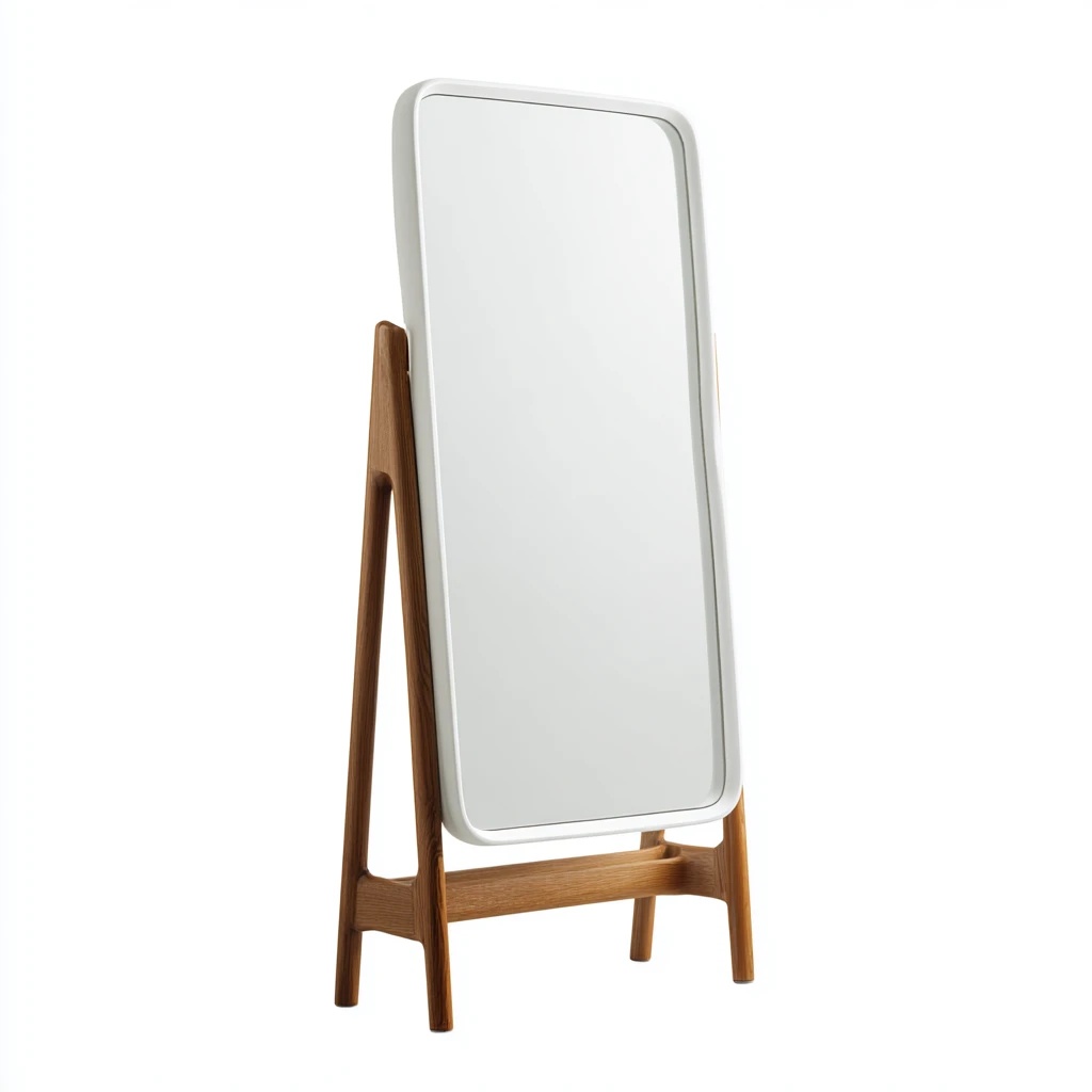 Espejo de pie de cuerpo entero con soporte de madera.
