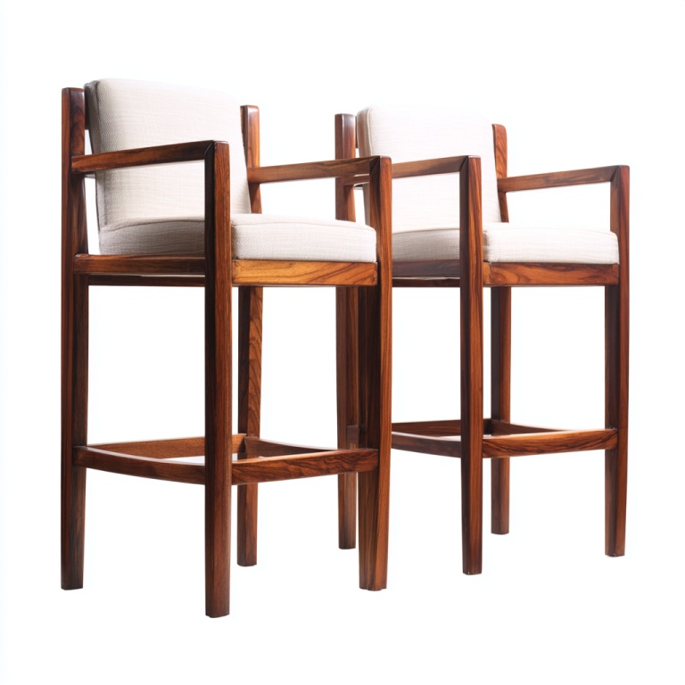 Silla de bar de dos piezas con reposabrazos de madera maciza y pie alto, cojín de asiento color blanco roto, diseño de respaldo alto