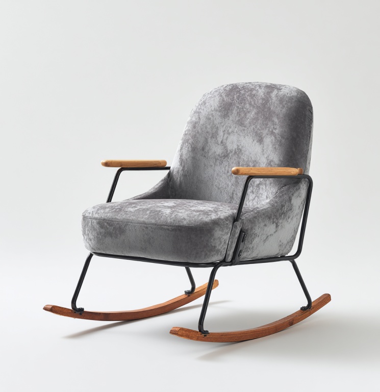 Sillón mecedor moderno con reposabrazos de madera y estructura de metal.