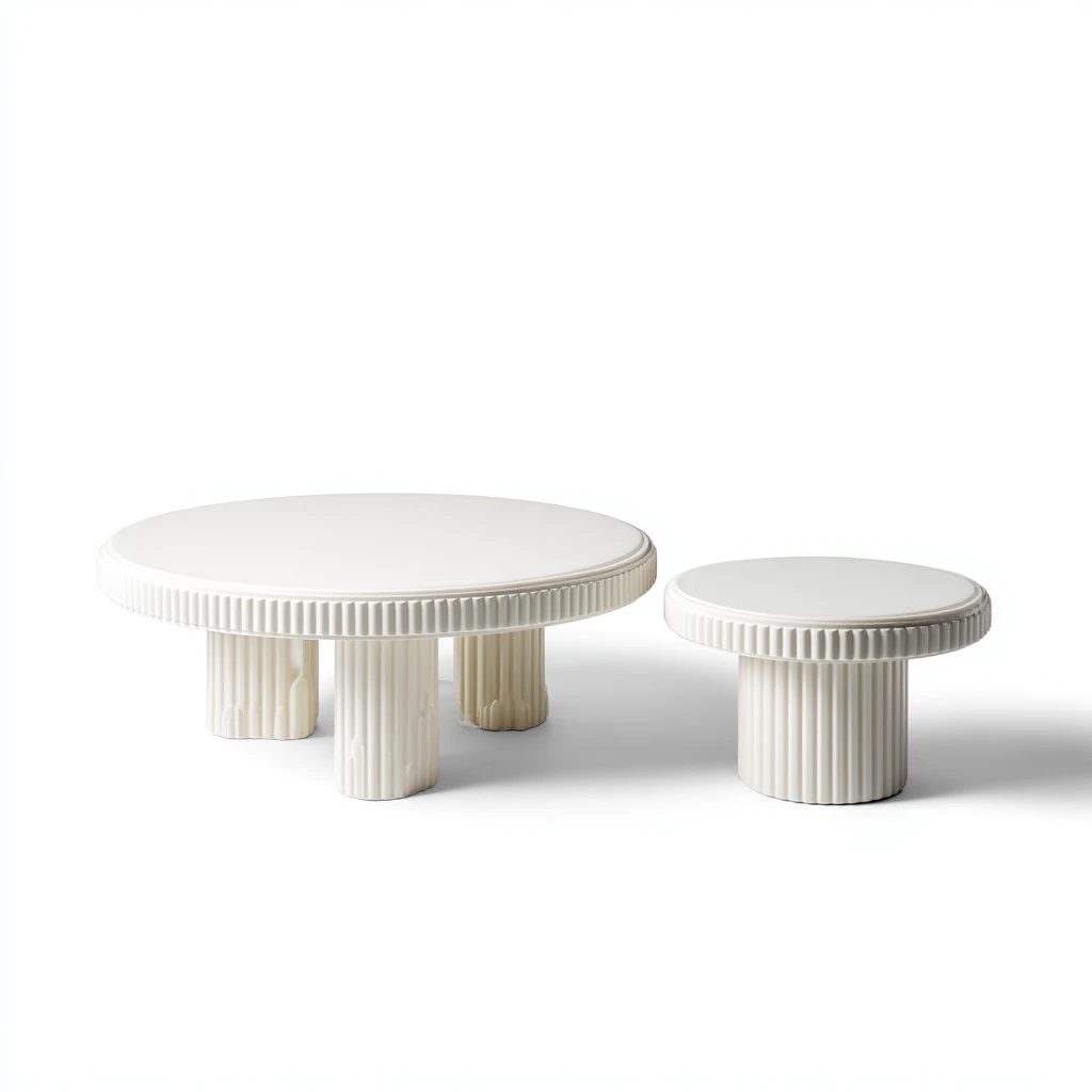 Juego de mesa de centro doble con estructura de columna ondulada redonda, mesa combinada moderna para sala de estar, diseño blanco