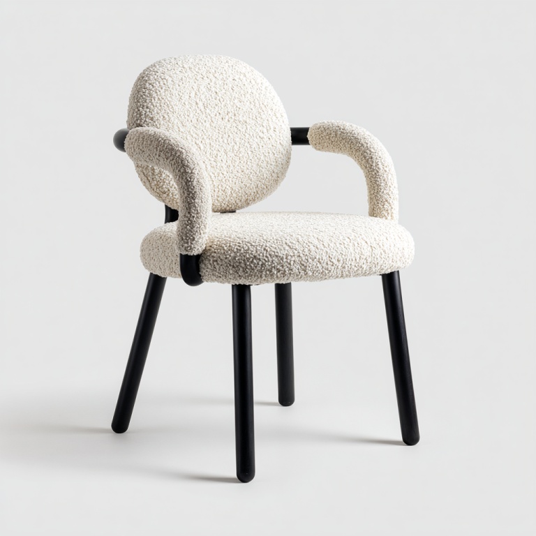 Sillón de comedor individual tapizado en terciopelo negro con patas de madera maciza color blanco roto