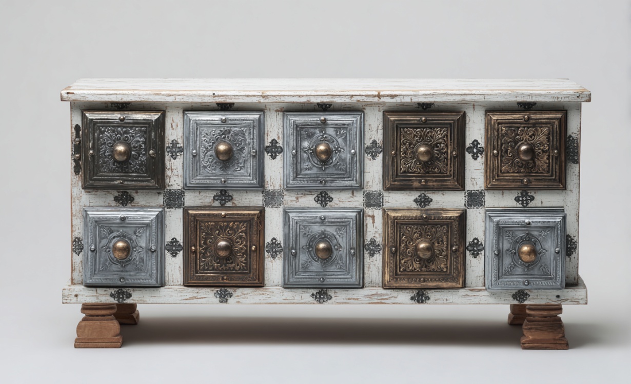 Cómoda vintage de madera tallada con diez cajones, mueble decorativo para sala de estar o entrada.