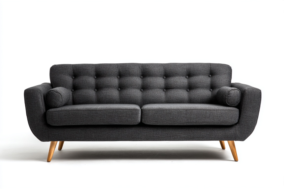 Sofá de tres plazas de tela gris oscuro con diseño retro con botones en el respaldo para sala de estar