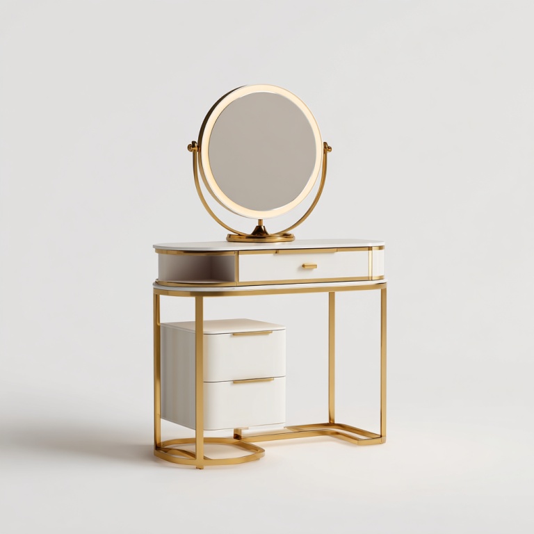 Tocador de estilo europeo con marco de metal, espejo redondo LED y cajones de almacenamiento.