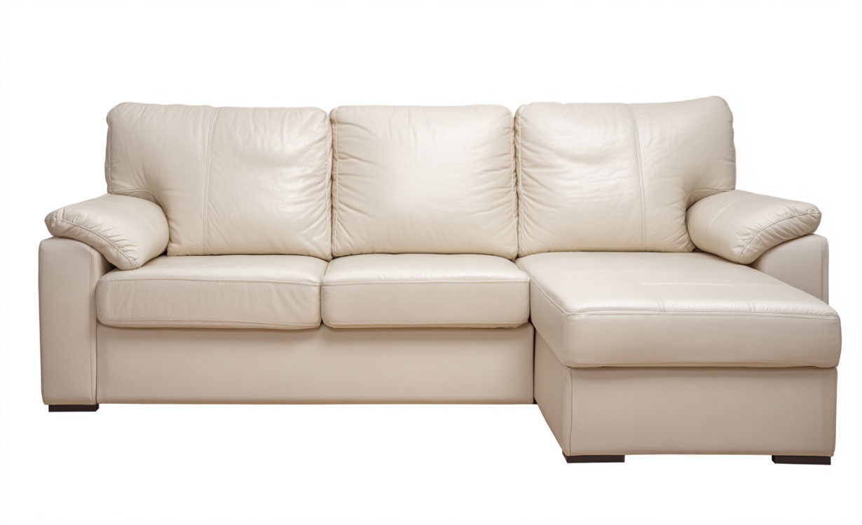 Sofá esquinero de cuero beige de tres plazas, combinación de salón, sofá en forma de L