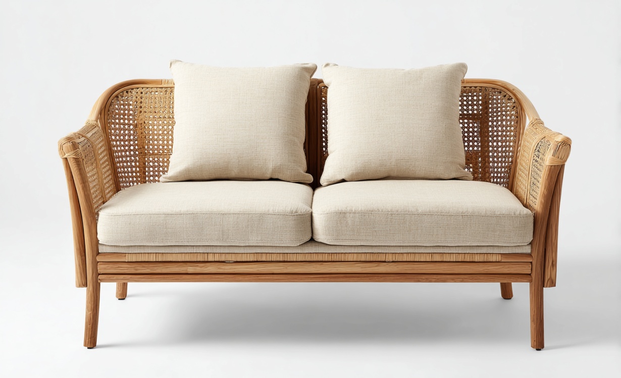 Cojines de tela para sofá doble de ratán color madera