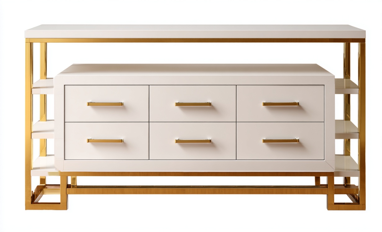Mueble de almacenamiento de seis cajones de estilo moderno en blanco con estantes laterales de metal chapado en oro.