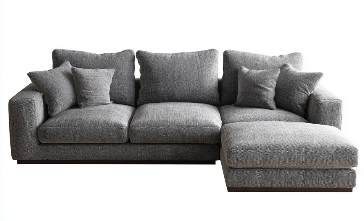 Combinación de sofá esquinero de tela gris de tres plazas con diseño de reposabrazos con cojín