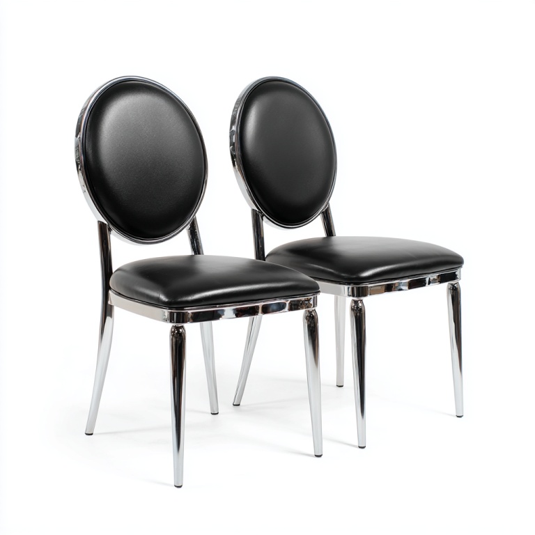 Juego de dos sillas de comedor de cuero negro con respaldo redondo de metal y estructura cromada