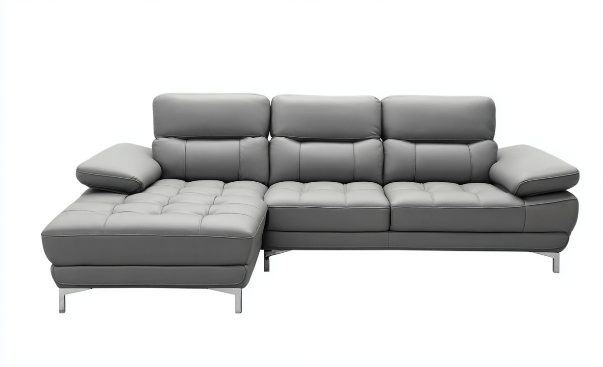 Sofá esquinero chaise longue izquierdo de piel gris, diseño de tres plazas