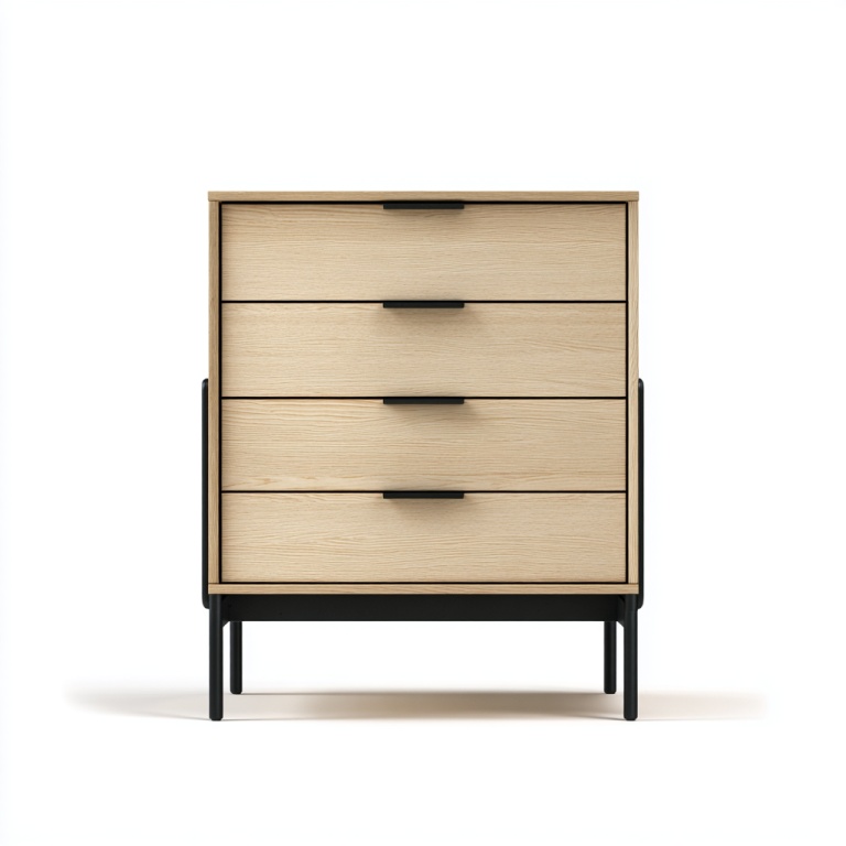 Cómoda de cuatro cajones con estructura de metal negro y soporte de estilo minimalista nórdico.